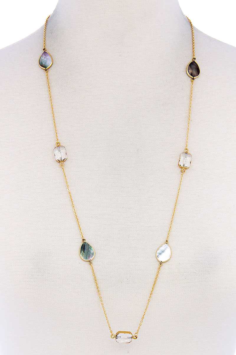 7 Stones Trendy Necklace (Grey) with mixed oval and drop stones on a gold chain