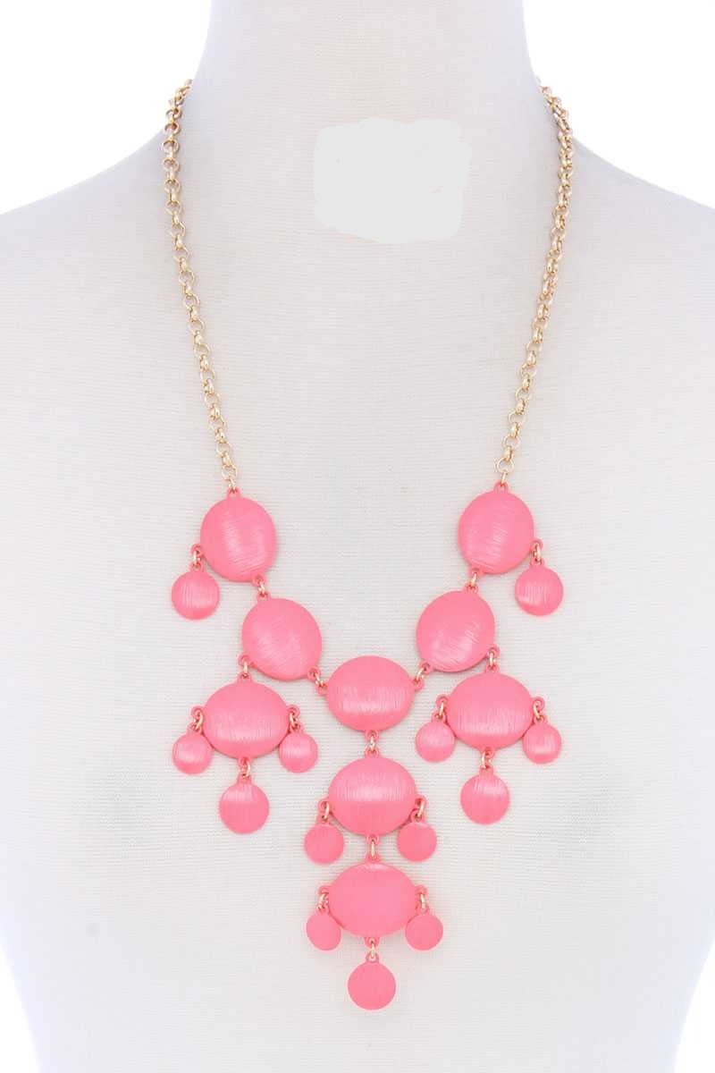 Brushed oval dangle necklace in pink with clustered disc charm drops