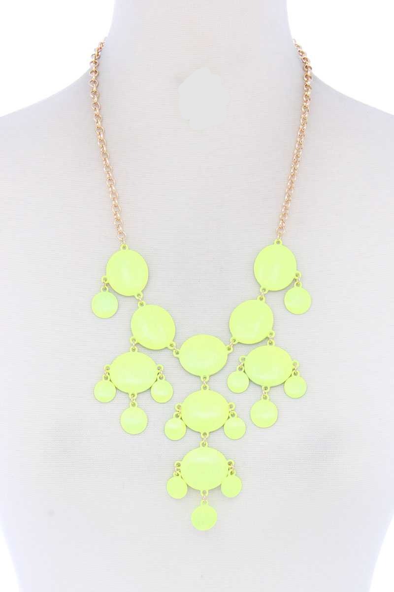 Brushed oval dangle necklace in yellow with clustered disc charm drops