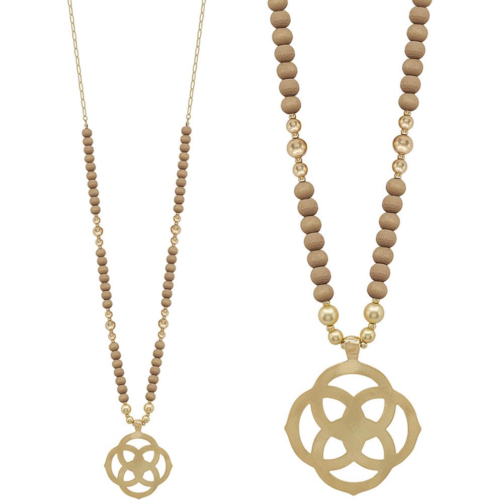 Mocha wood bead necklace with gold-tone chain and flower pendant
