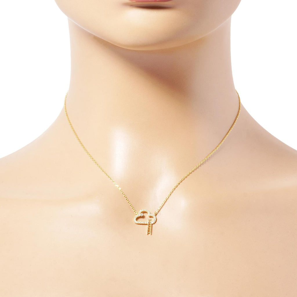 Cloud pendant necklace, gold-tone chain with small rhinestone cloud and ladder charm