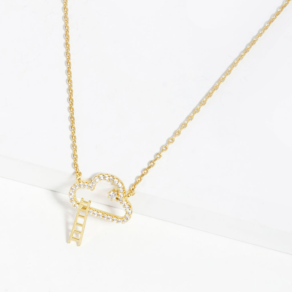 Cloud pendant necklace, gold-tone chain with rhinestone cloud and vertical ladder charm