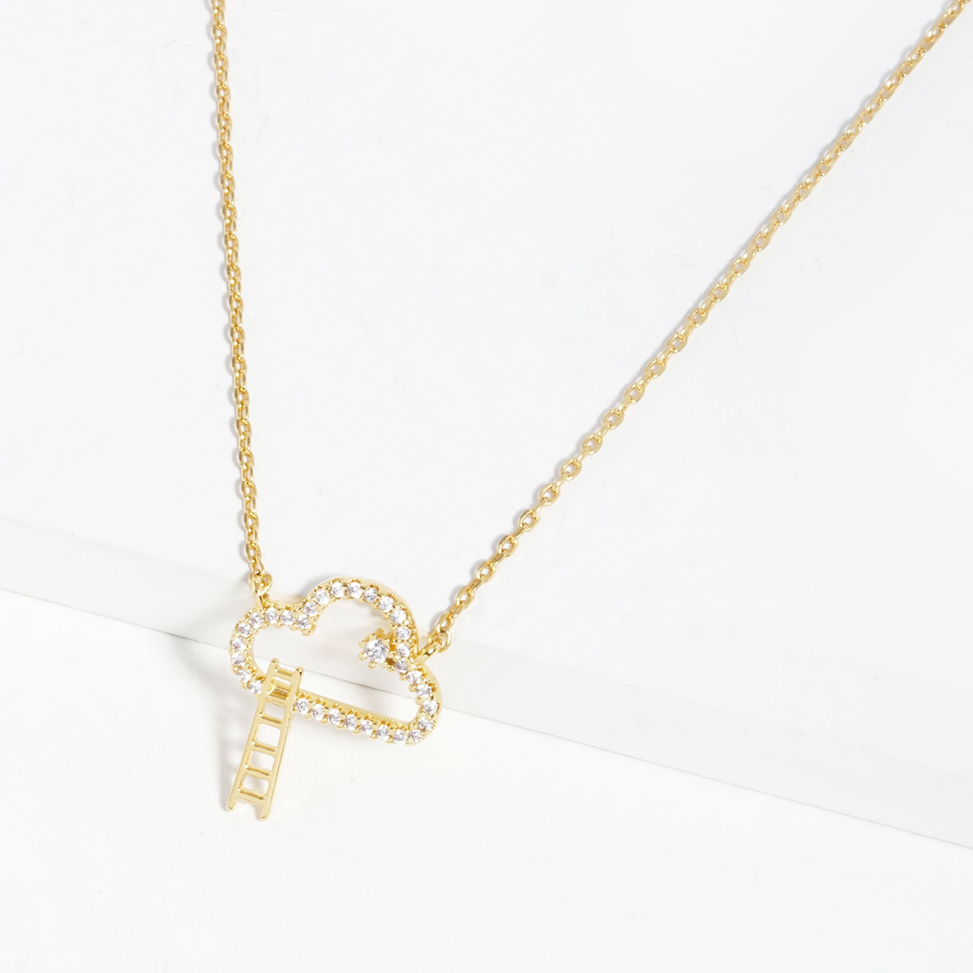 Cloud pendant necklace, gold-tone chain with rhinestone cloud and vertical ladder charm