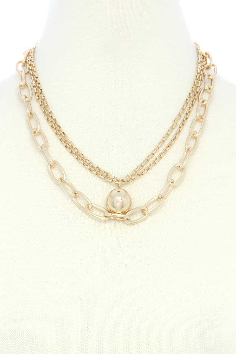 Metal Ball Oval Link layered necklace, gold-tone oval links with round center charm