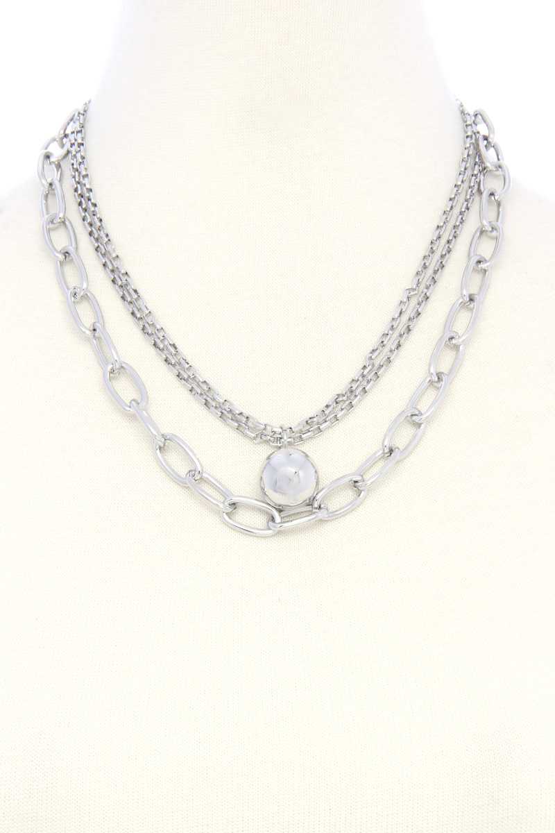 Metal Ball Oval Link layered necklace, silver-tone oval links and round center charm