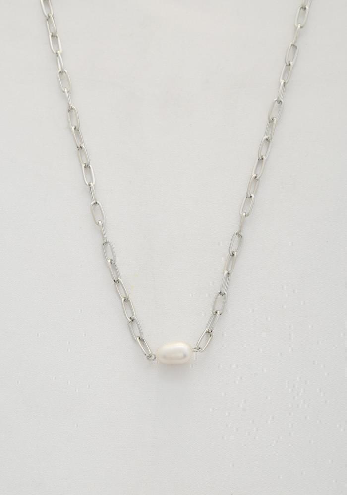 Pearl Bead Oval Link Necklace with oval pearl at center, rhodium silver chain