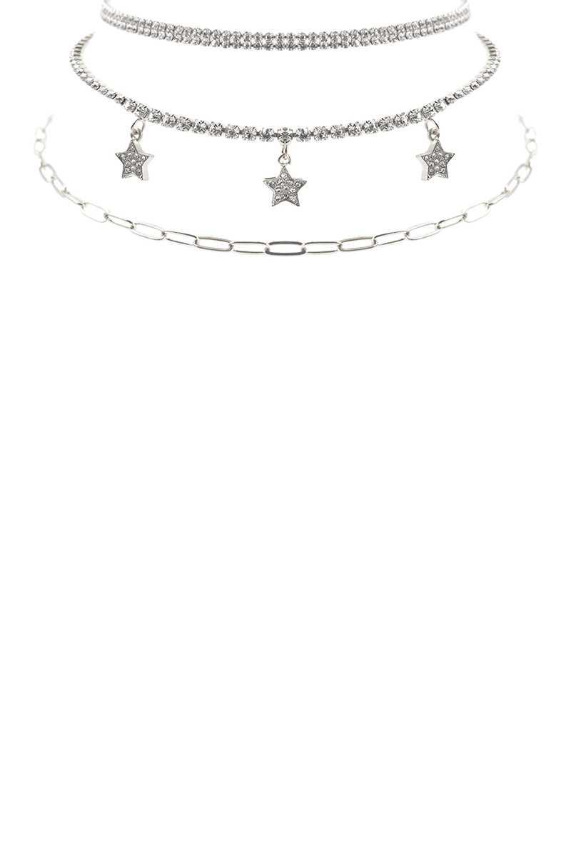 Rhinestone star charm 3-layer necklace, silver-tone with three star pendants