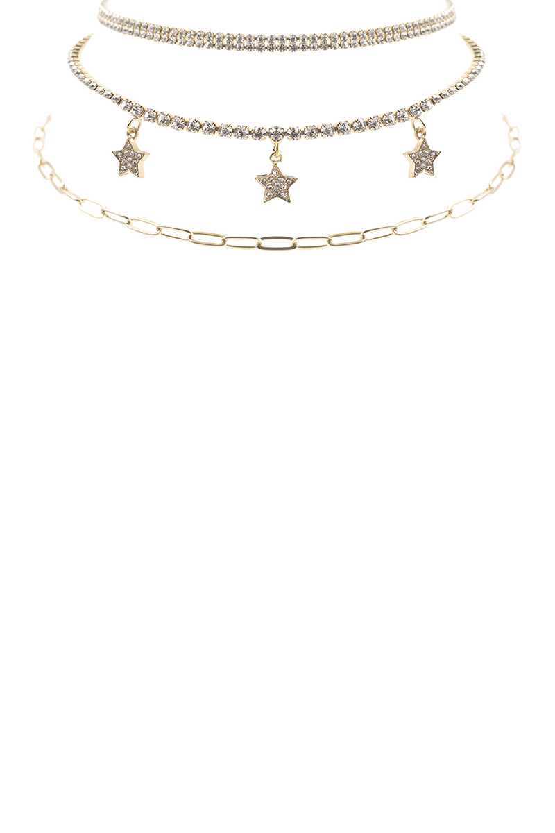 Rhinestone star charm 3-layer necklace, gold-tone with three glitter star pendants