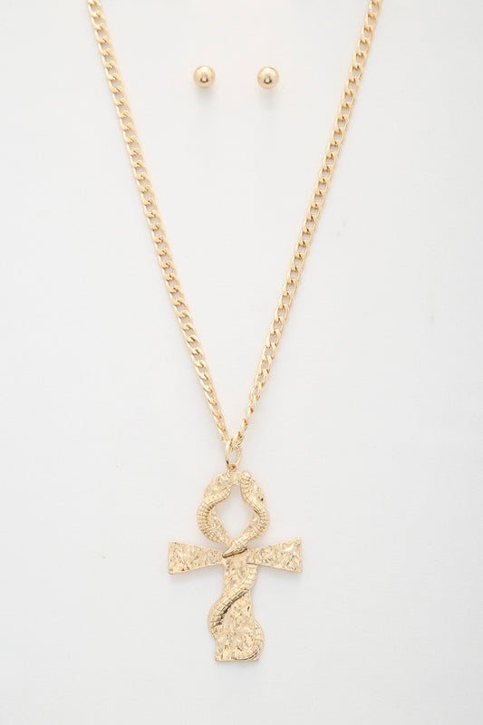 Snake Wrap Cross Pendant Curb Link Necklace - Tigbul's Variety Fashion Shop