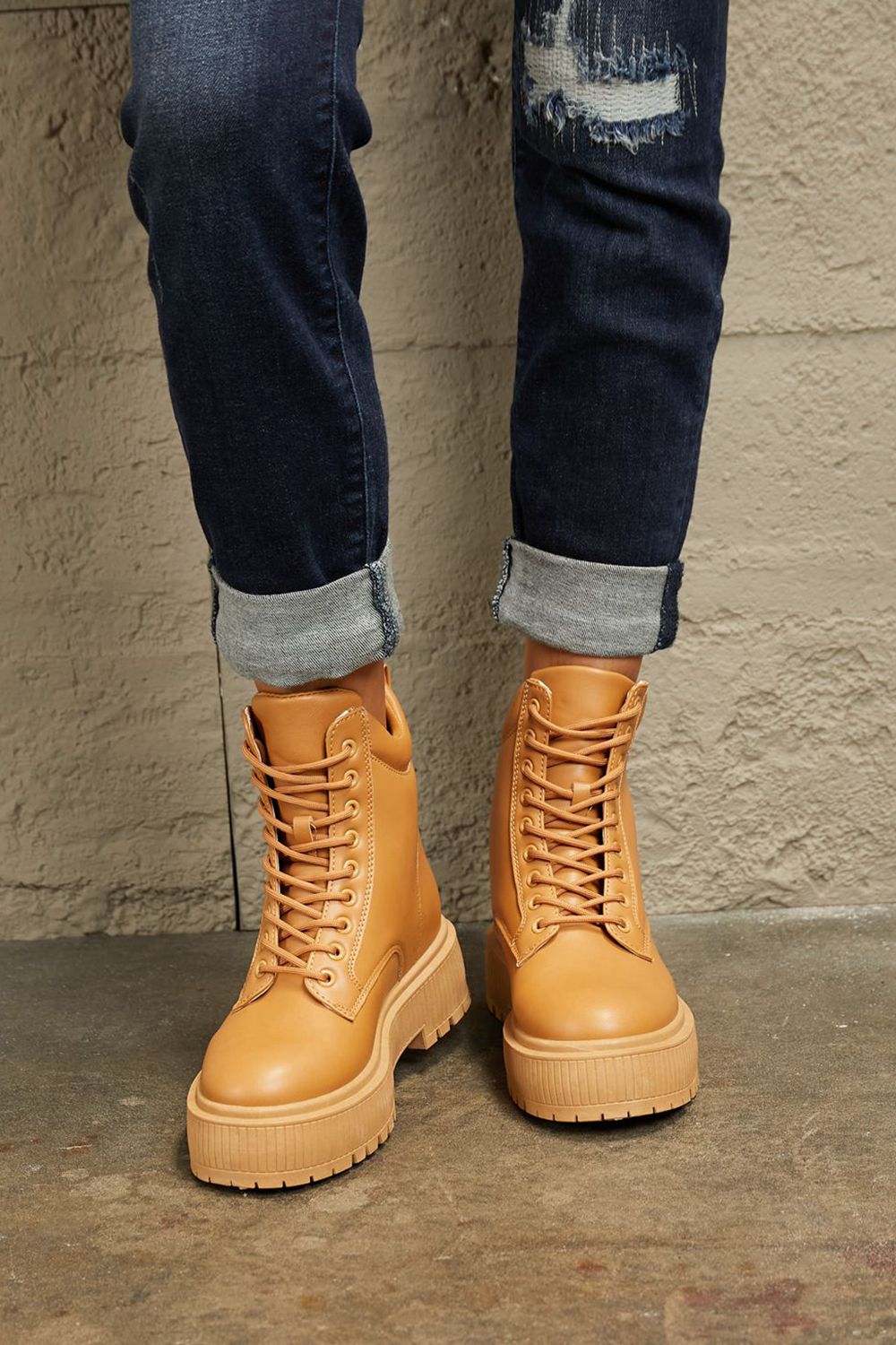 Light Brown Platform Combat Boots - Tigbul's Variety Fashion Shop