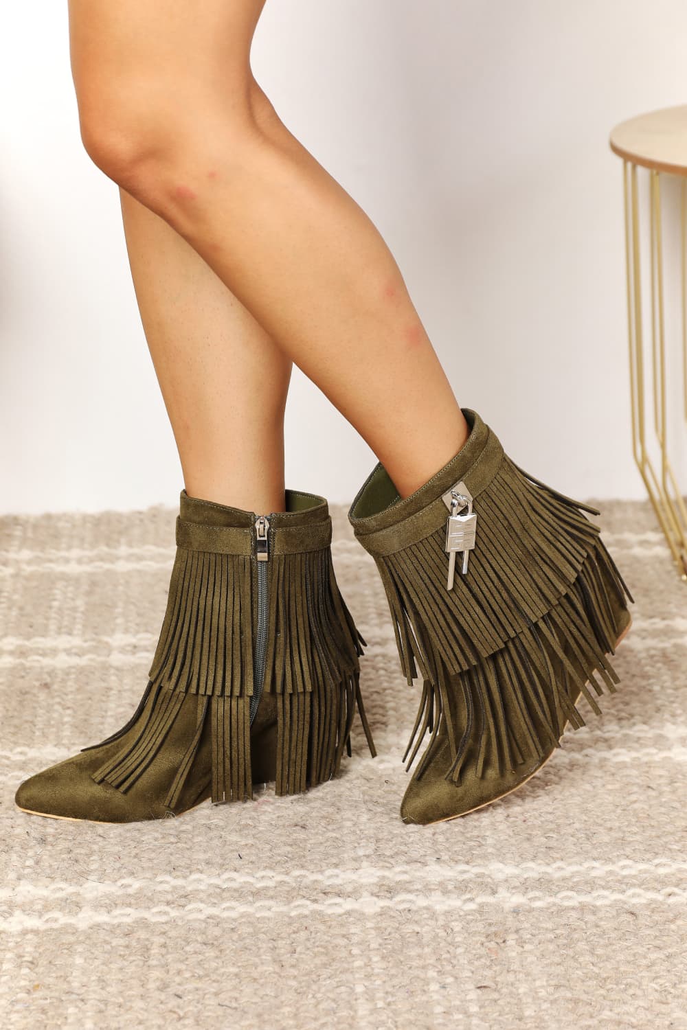 Olive Green Tassel Wedge Heel Ankle Booties - Tigbul's Variety Fashion Shop