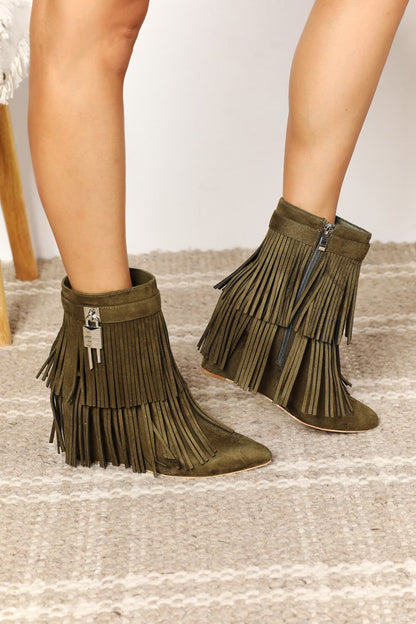 Olive Green Tassel Wedge Heel Ankle Booties - Tigbul's Variety Fashion Shop