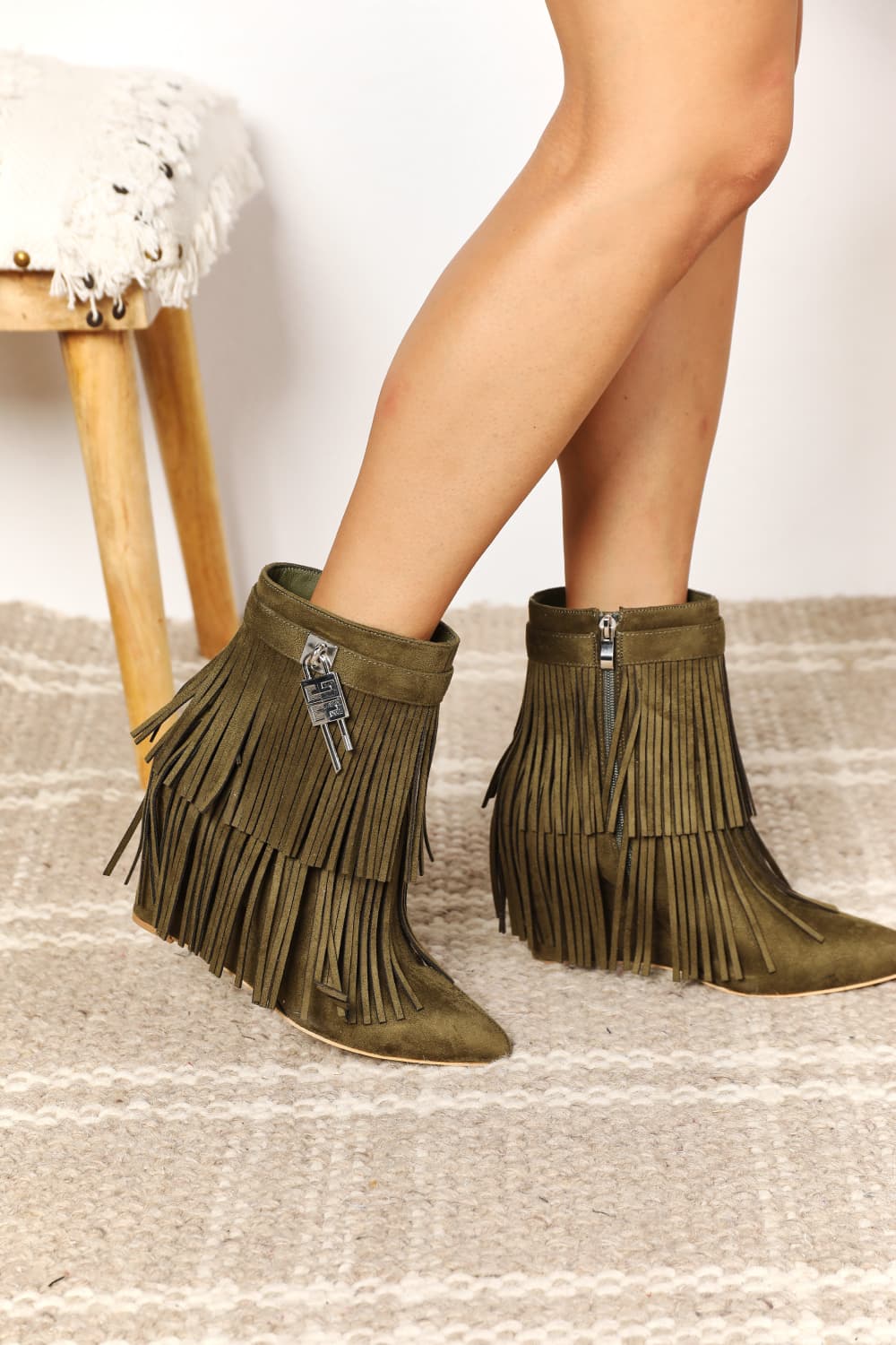 Olive Green Tassel Wedge Heel Ankle Booties - Tigbul's Variety Fashion Shop