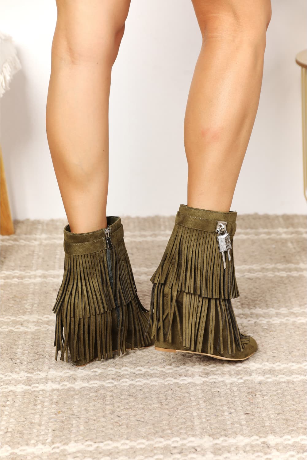 Olive Green Tassel Wedge Heel Ankle Booties - Tigbul's Variety Fashion Shop