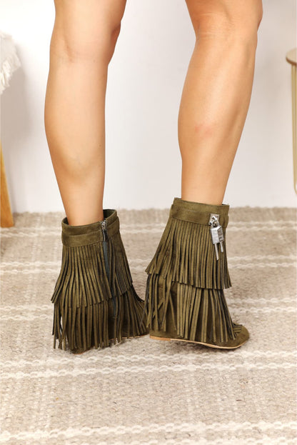 Olive Green Tassel Wedge Heel Ankle Booties - Tigbul's Variety Fashion Shop