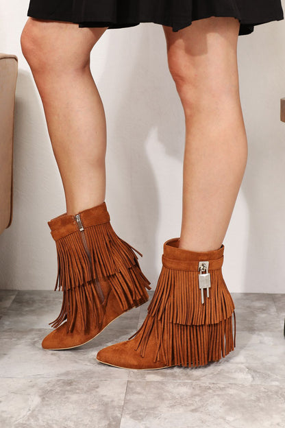 Women's Tassel Wedge Heel Ankle Booties - Tigbul's Variety Fashion Shop