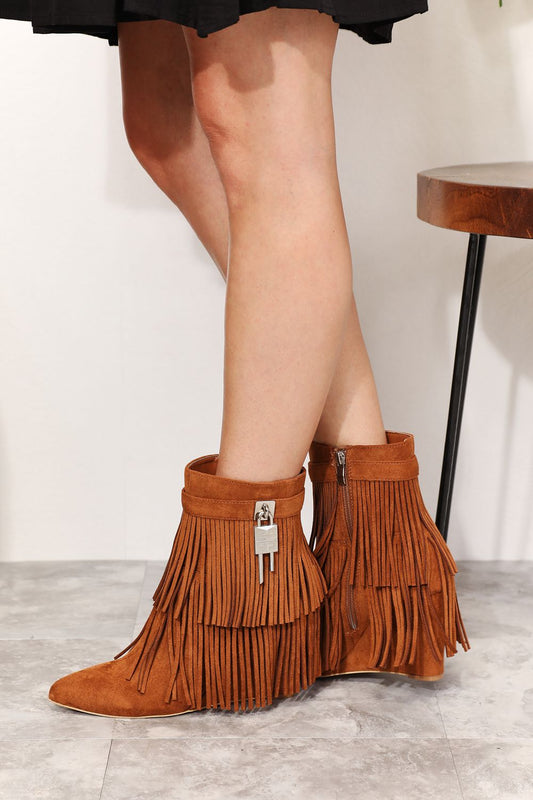 Women's Tassel Wedge Heel Ankle Booties - Tigbul's Variety Fashion Shop