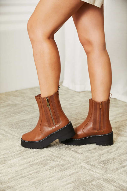 Chestnut Brown Side Zip Platform Boots - Tigbul's Variety Fashion Shop