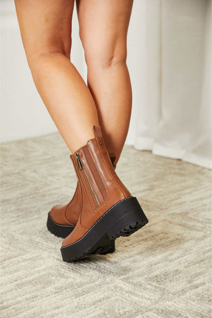 Chestnut Brown Side Zip Platform Boots - Tigbul's Variety Fashion Shop