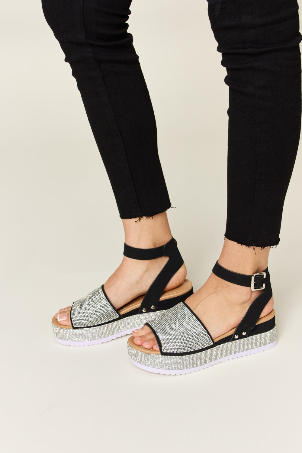 Black Rhinestone Buckle Strappy Wedge Sandals - Tigbul's Variety Fashion Shop