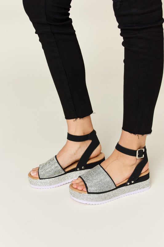Black Rhinestone Buckle Strappy Wedge Sandals - Tigbul's Variety Fashion Shop