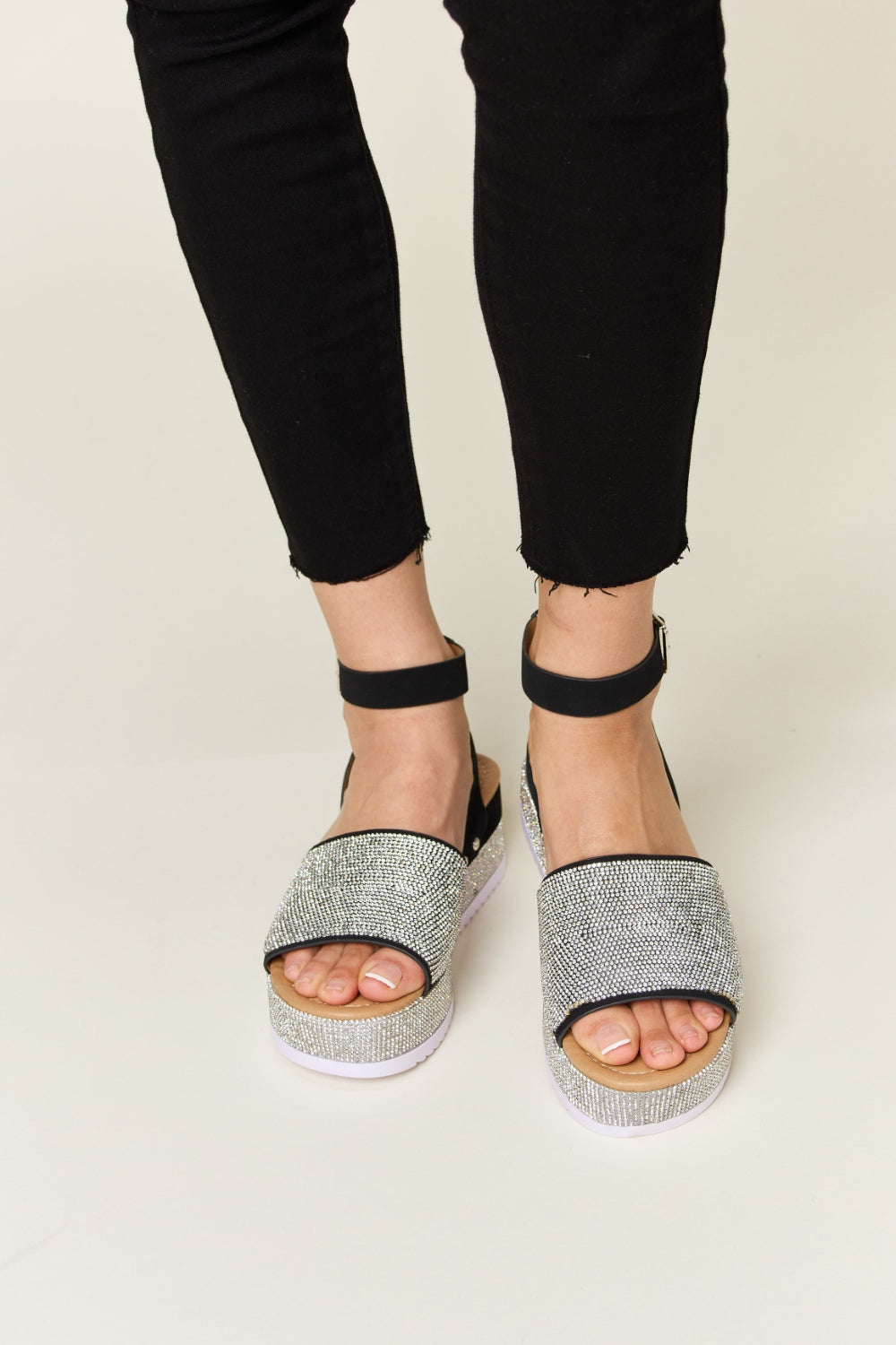 Black Rhinestone Buckle Strappy Wedge Sandals - Tigbul's Variety Fashion Shop