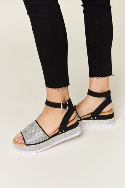 Black Rhinestone Buckle Strappy Wedge Sandals - Tigbul's Variety Fashion Shop