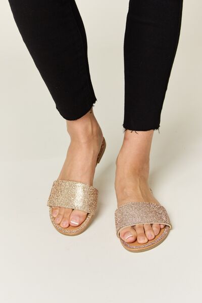 Rose Gold Rhinestone Open Toe Flat Sandals - Tigbul's Variety Fashion Shop