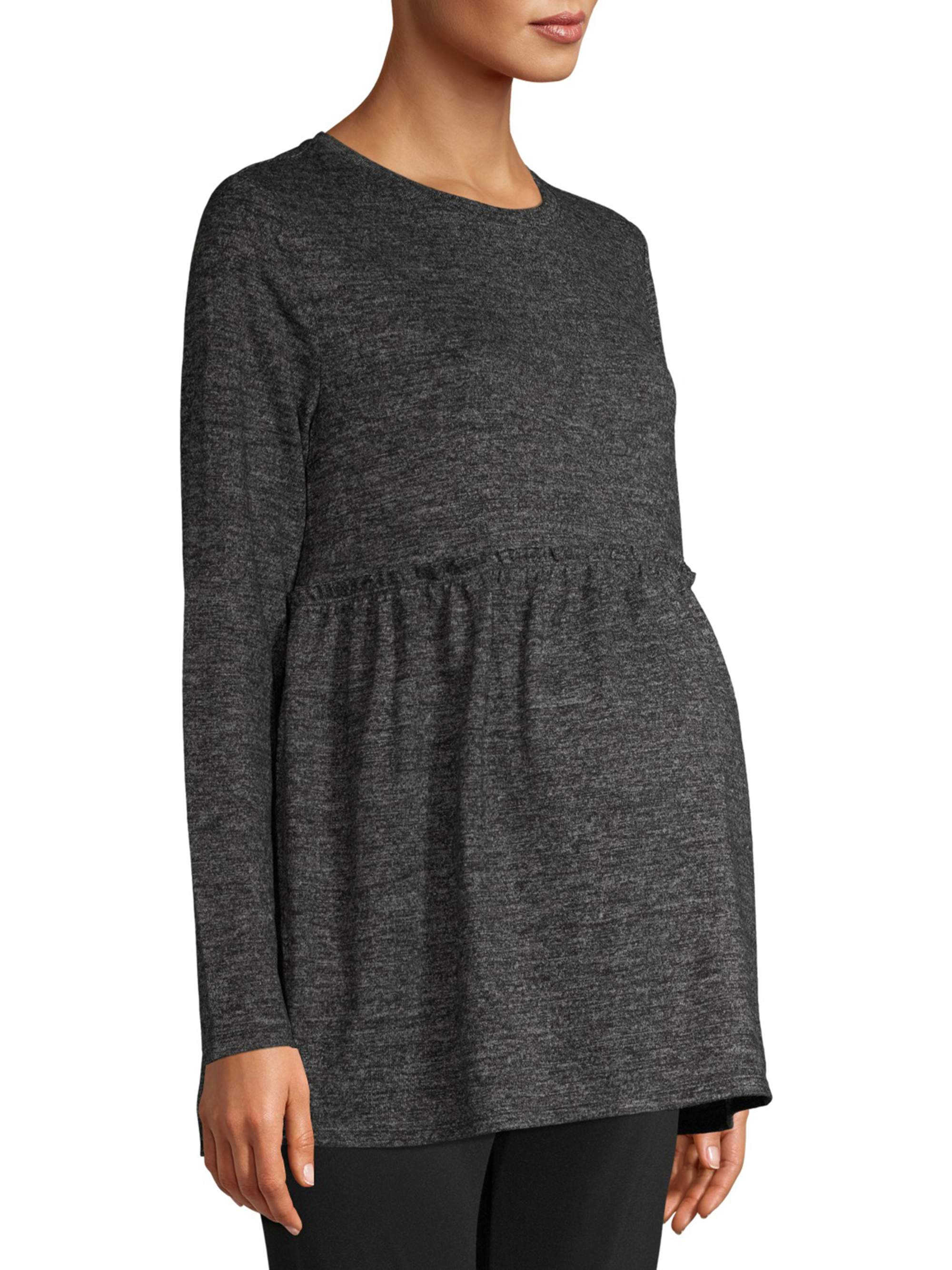 Maternity peplum blouse in charcoal grey with round neckline and long sleeves
