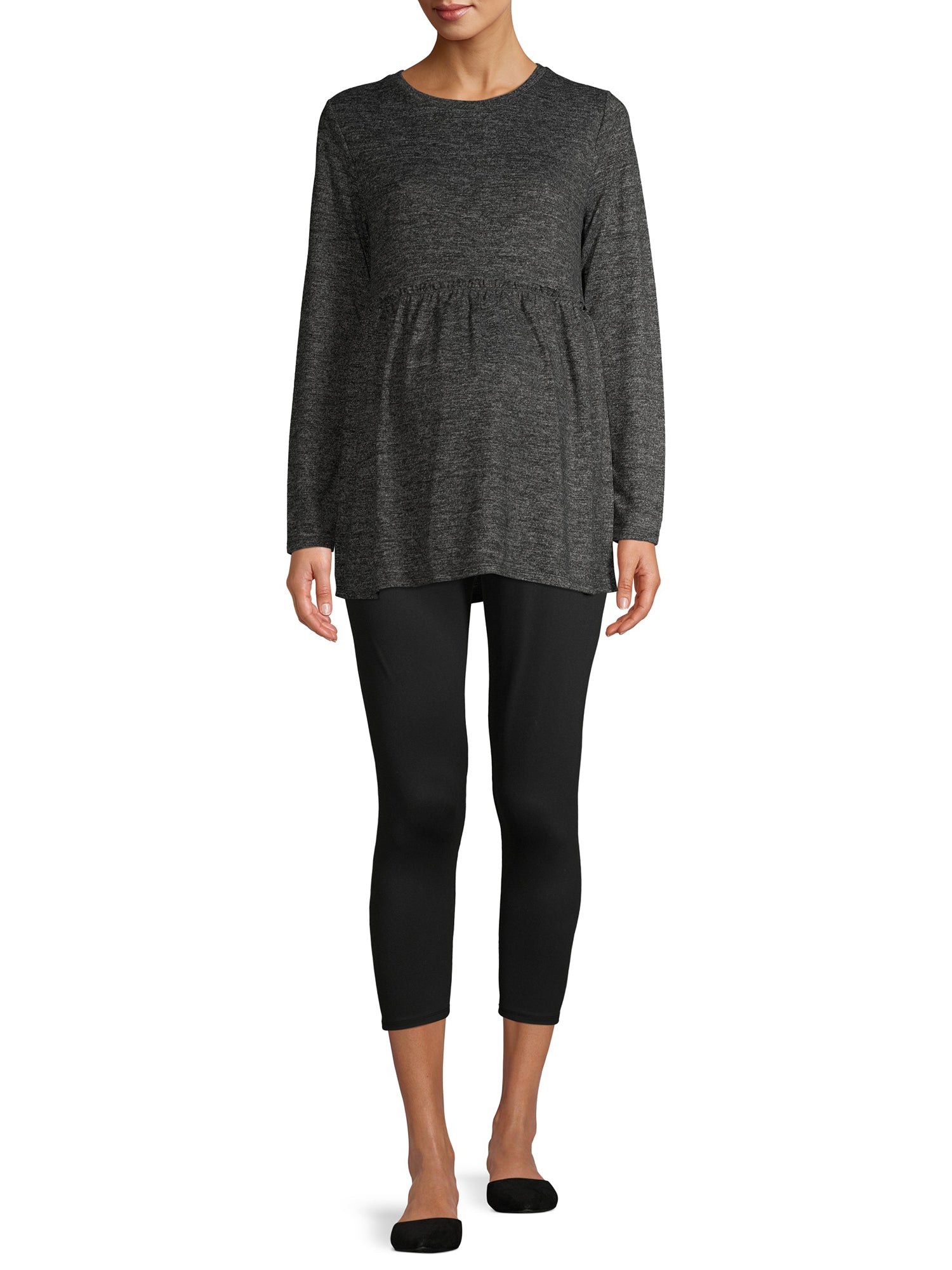 Charcoal grey maternity peplum blouse with 3/4 sleeves and gathered waist