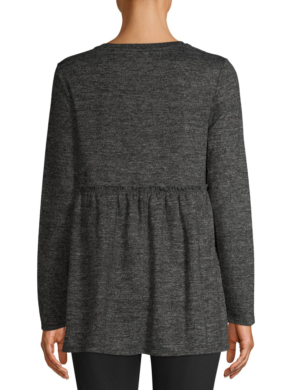 Back view: charcoal grey maternity blouse with gathered peplum and long sleeves