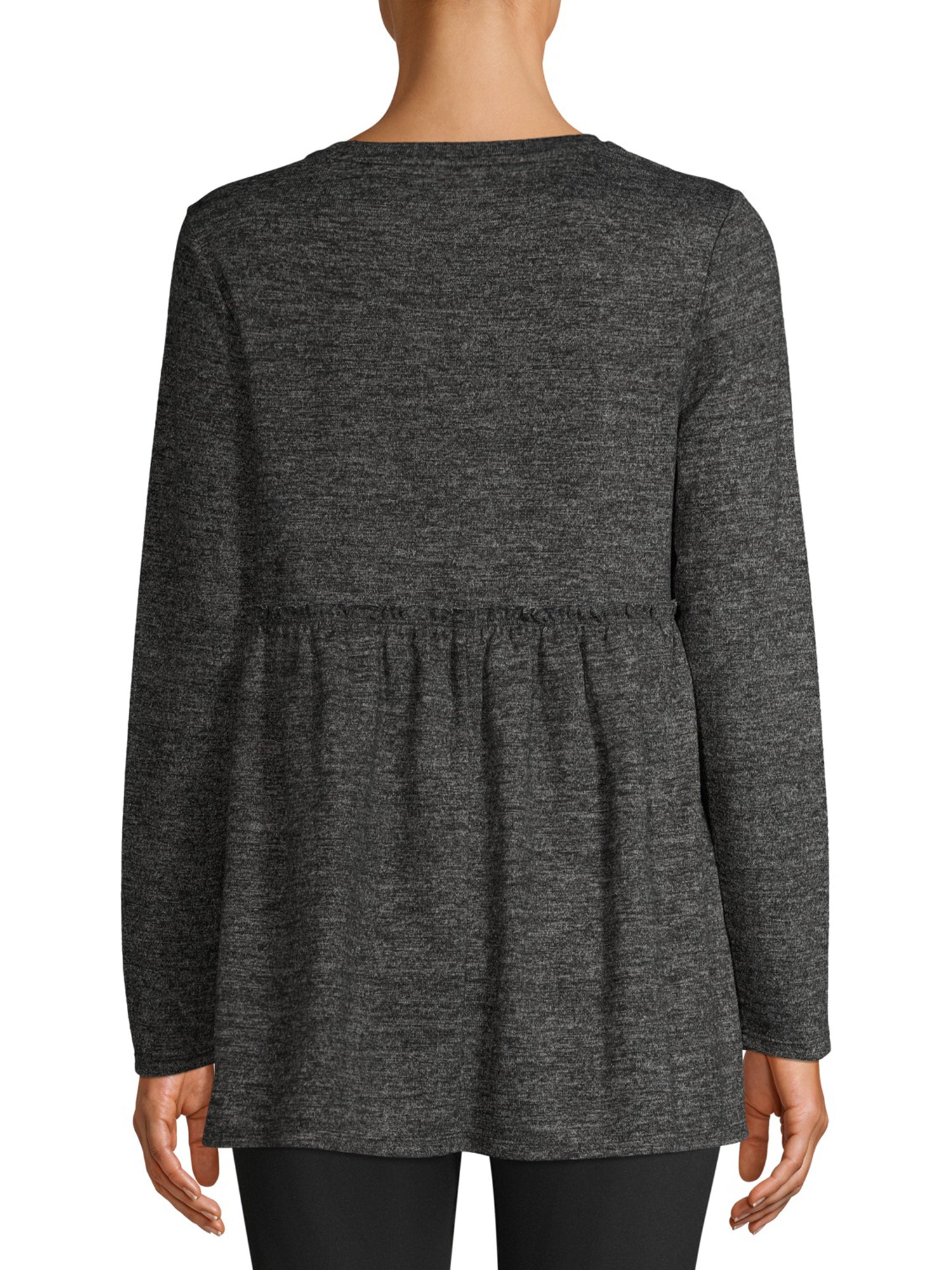 Back view: charcoal grey maternity blouse with gathered peplum and long sleeves