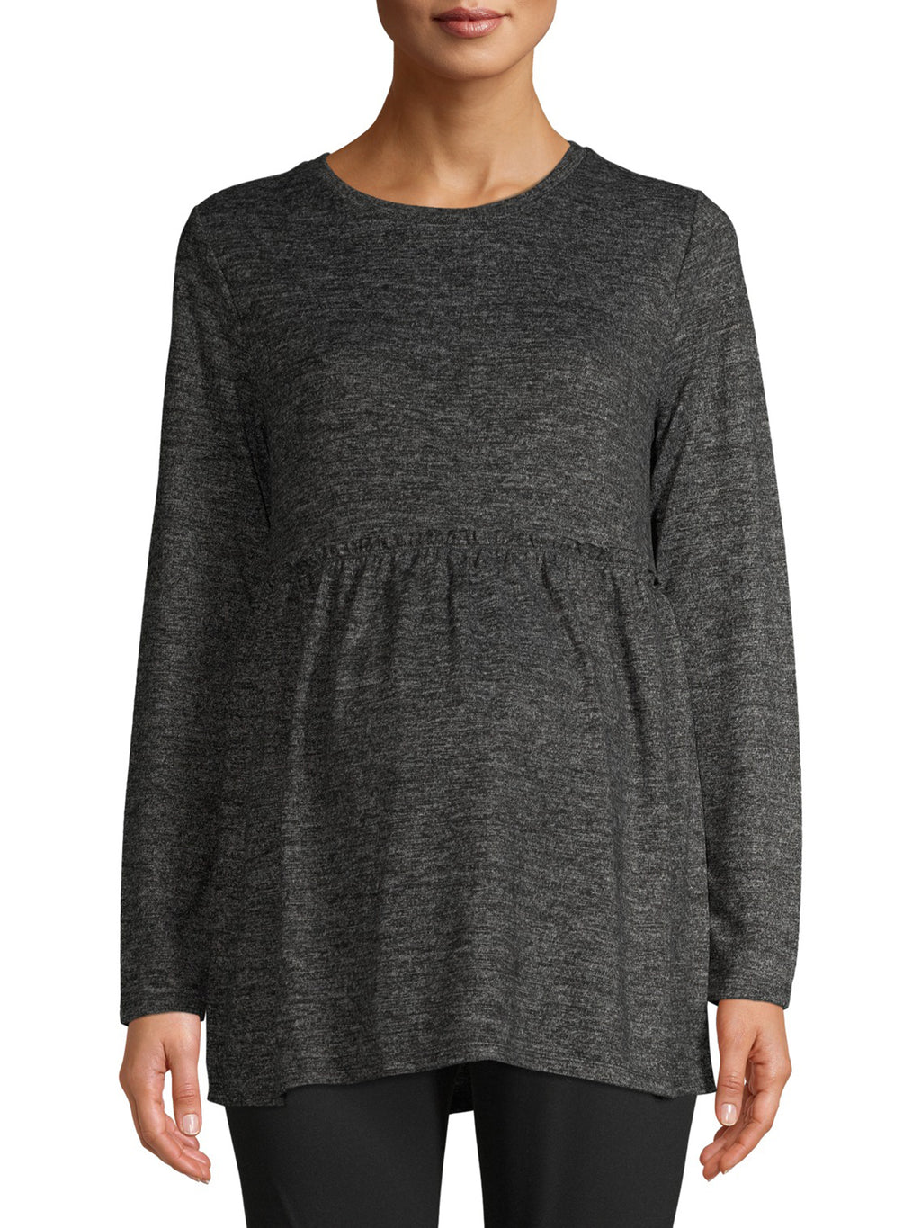 Charcoal grey maternity top with peplum waist detail and relaxed long sleeves