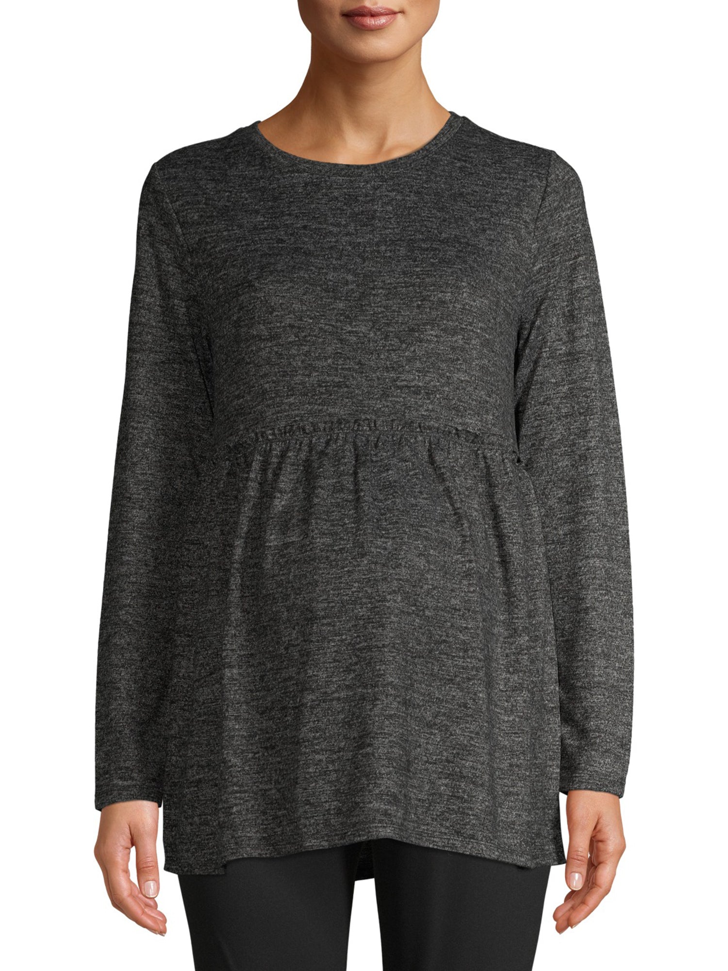 Charcoal grey maternity top with peplum waist detail and relaxed long sleeves