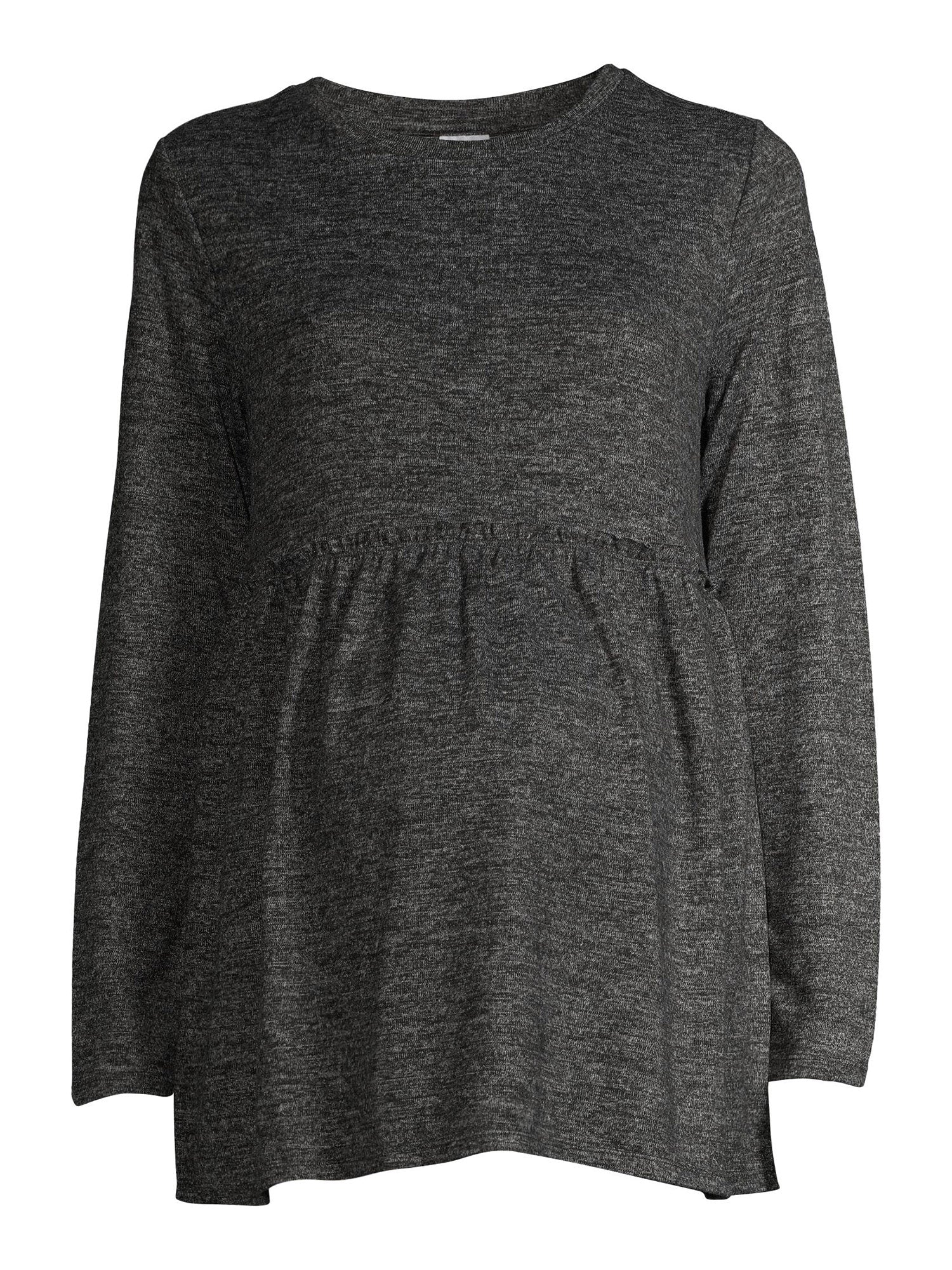 Charcoal grey maternity blouse with gathered peplum waist and long sleeves