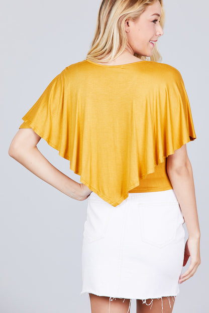 Juniors Dark Mustard V-Neck Flounce Cape Top - Tigbul's Variety Fashion Shop