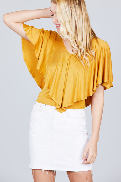 Juniors Dark Mustard V-Neck Flounce Cape Top - Tigbul's Variety Fashion Shop