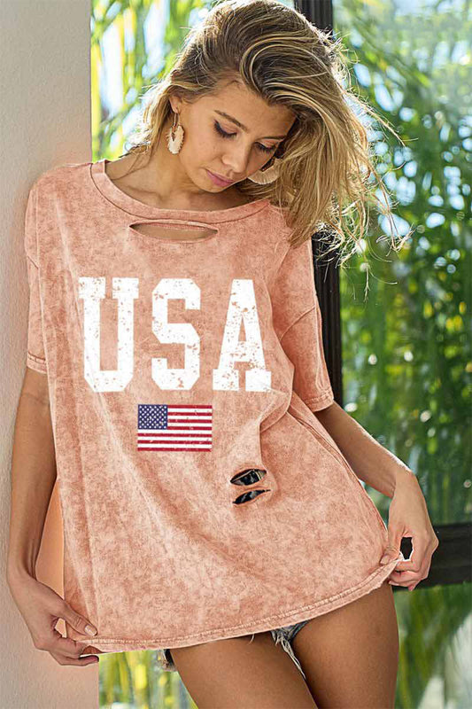 Dusty Pink American Flag Graphic Distressed T-Shirt - Tigbuls Variety Fashion