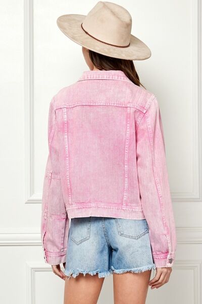 Pink Button Up Cropped Denim Jacket - Tigbuls Variety Fashion