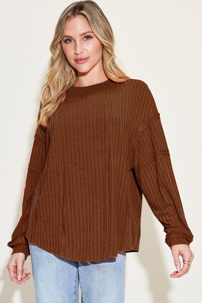 Ribbed Round Neck Long Sleeve Exposed Seam T-Shirt - Tigbuls Variety Fashion