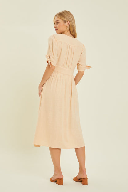 HEYSON Full Size Textured Linen V-Neck Button-Down Midi Dress - Tigbuls Variety Fashion