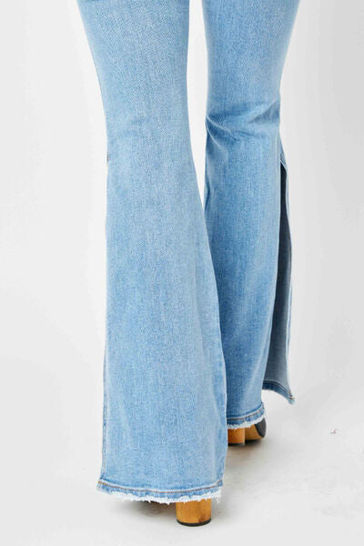 Judy Blue Mid Rise Raw Hem Slit Flare Jeans Up To 24W - Tigbuls Variety Fashion
