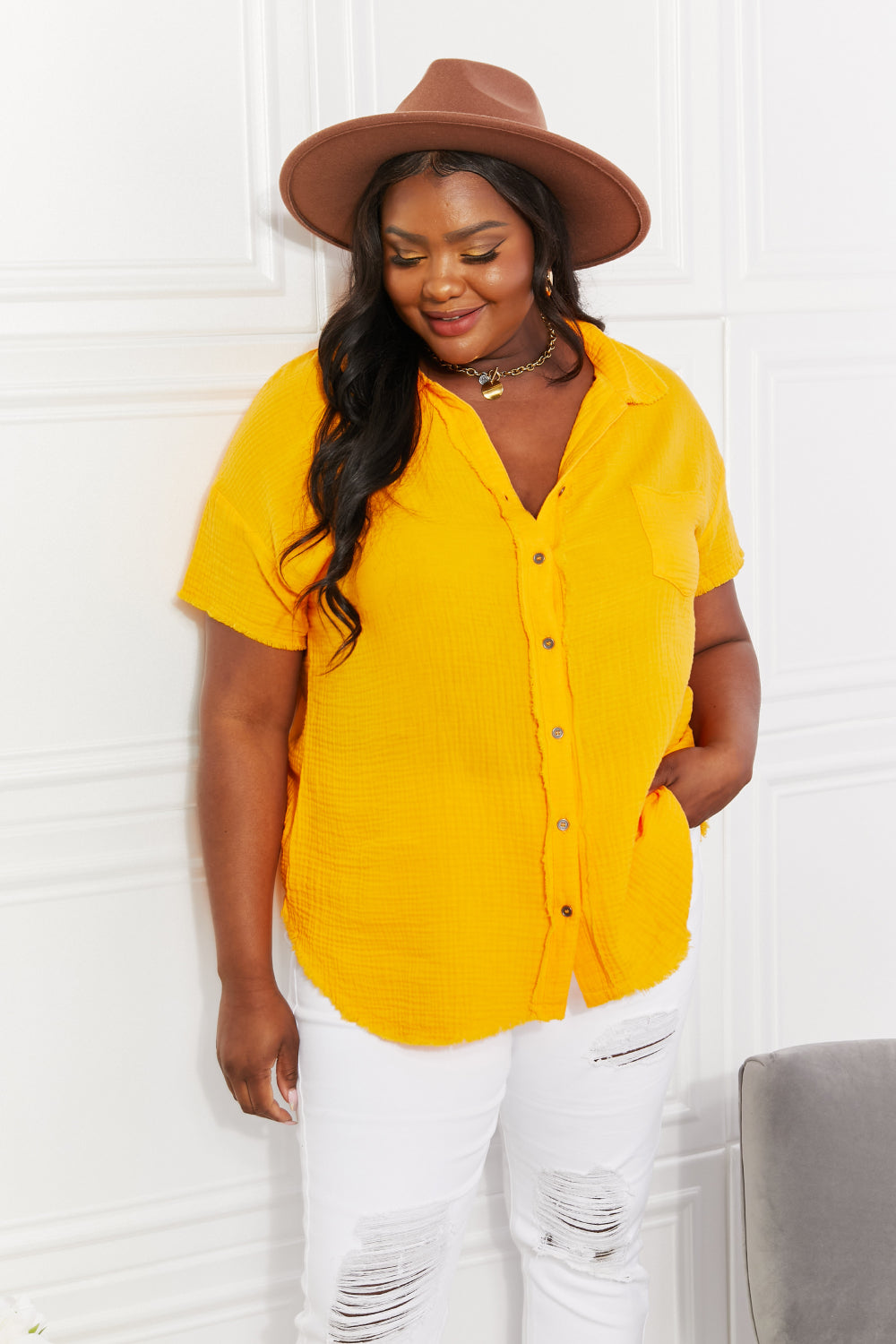 Zenana Full Size Summer Breeze Gauze Short Sleeve Shirt in Mustard - Tigbul's Fashion