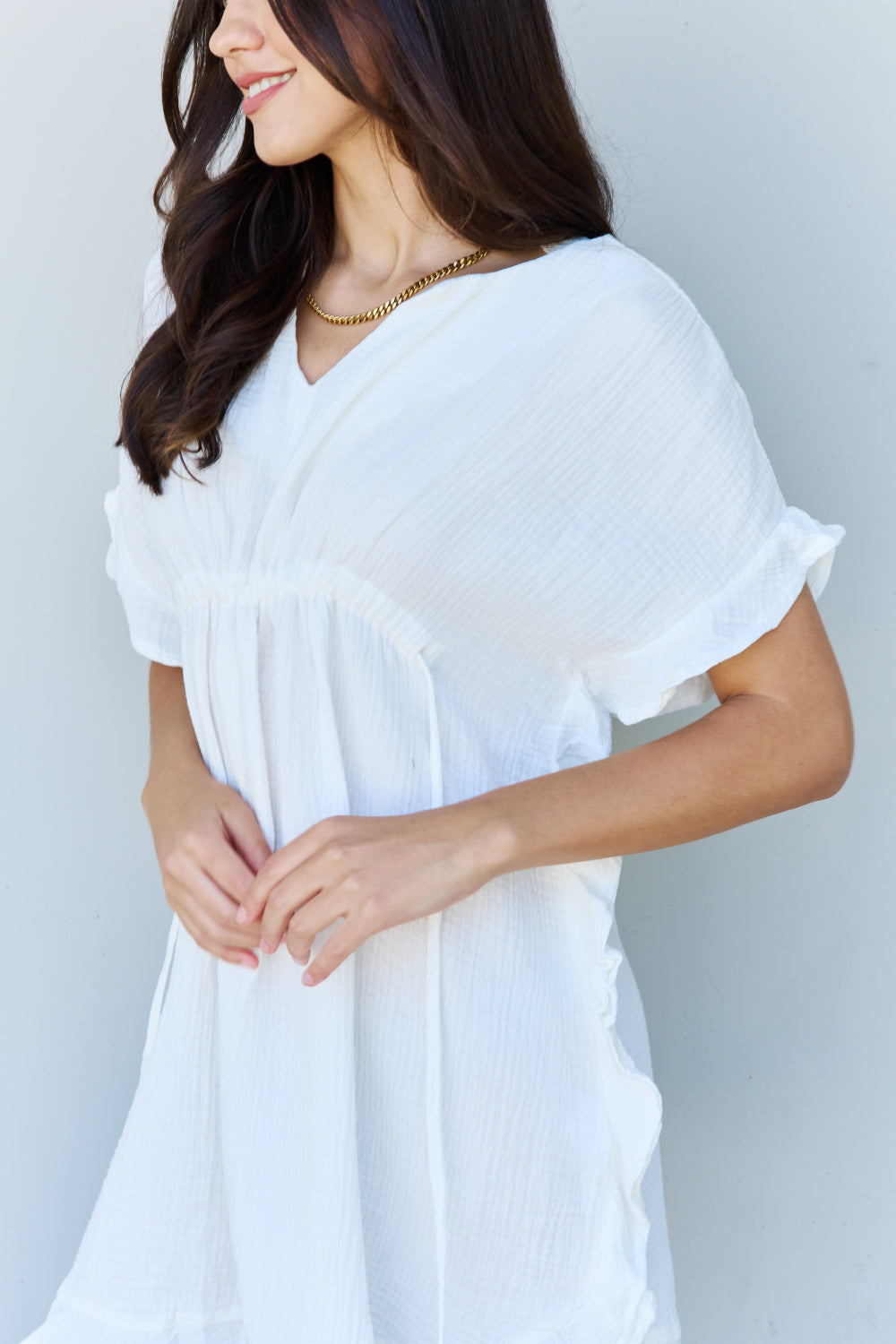 Ninexis Out Of Time Full Size Ruffle Hem Dress with Drawstring Waistband in White - Tigbul's Fashion
