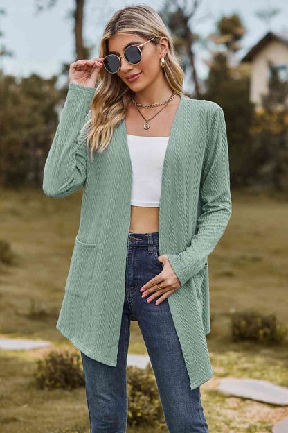 Cable-Knit Long Sleeve Cardigan with Pocket - Tigbuls Variety Fashion