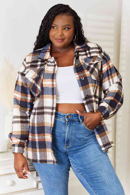 Double Take Plaid Button Front Shirt Jacket with Breast Pockets - Tigbuls Variety Fashion