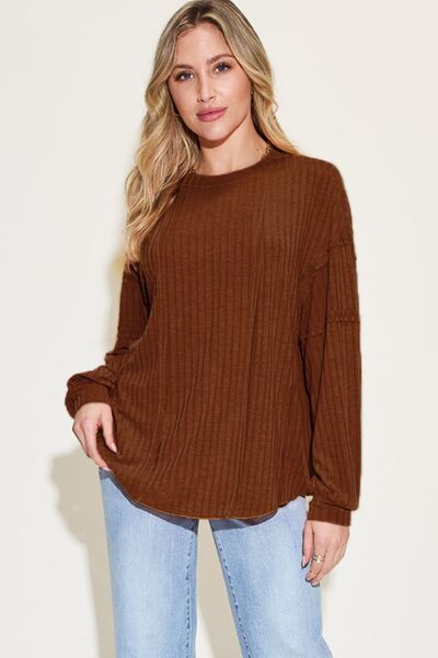 Ribbed Round Neck Long Sleeve Exposed Seam T-Shirt - Tigbuls Variety Fashion