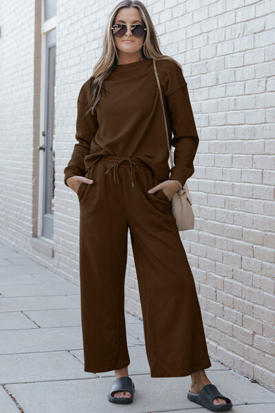 Double Take Full Size Textured Long Sleeve Top and Drawstring Pants Set - Tigbuls Variety Fashion