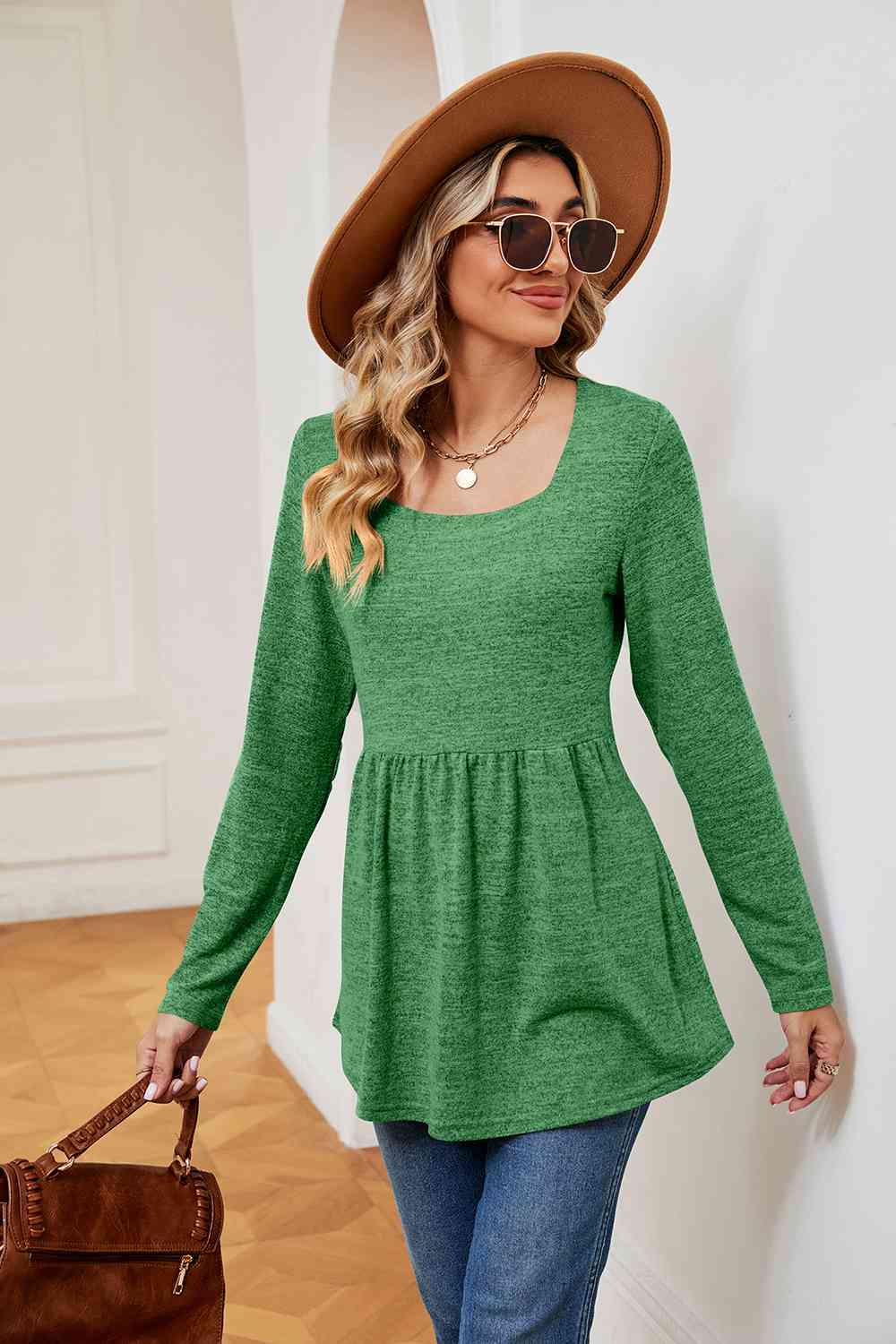 Square Neck Long Sleeve Peplum Top - Tigbuls Variety Fashion