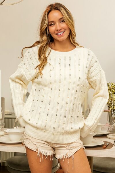 BiBi Pearl & Rhinestone Decor Long Sleeve Sweater - Tigbuls Variety Fashion